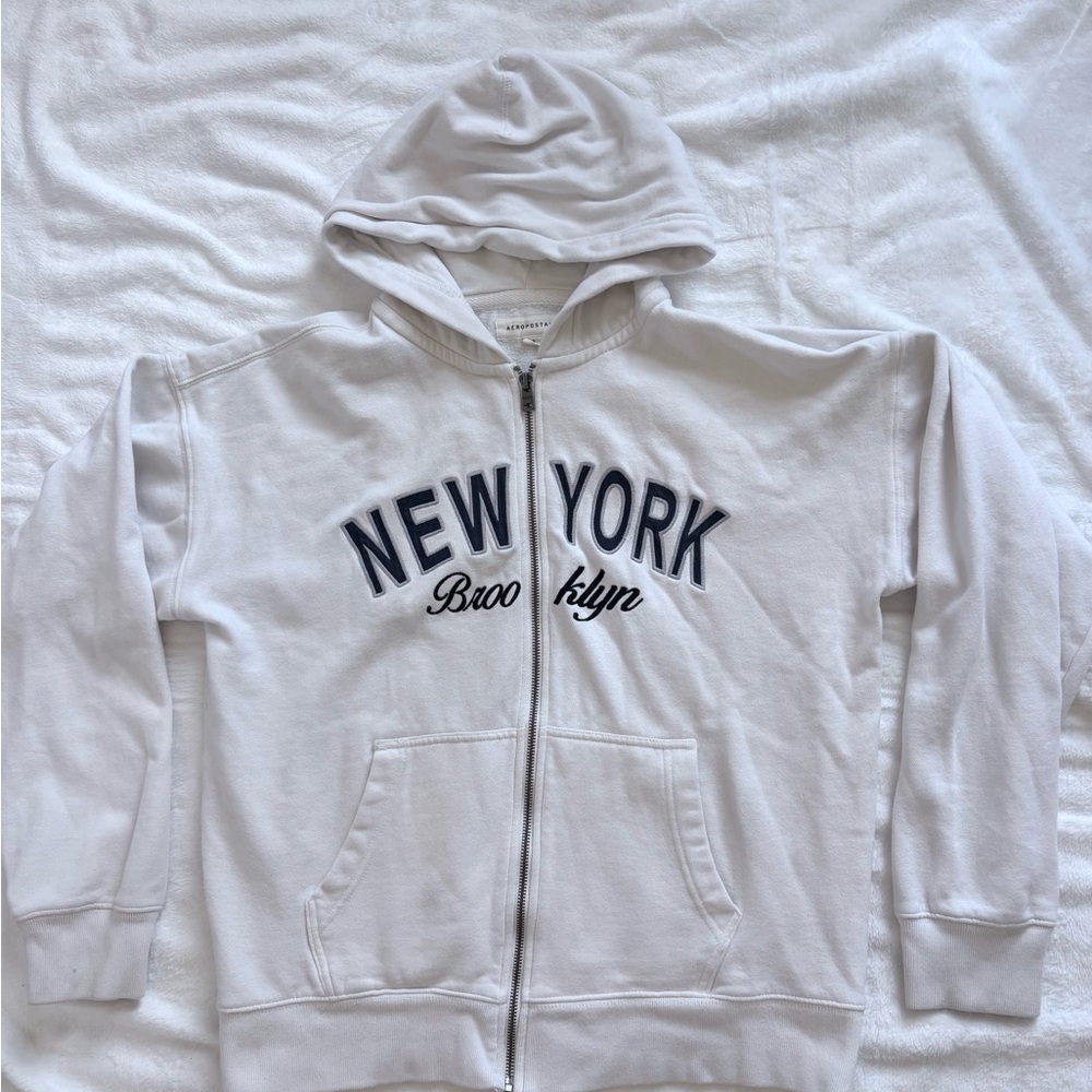 Aeropostale White New York Brooklyn Zip-Up Hoodie with Navy Lettering